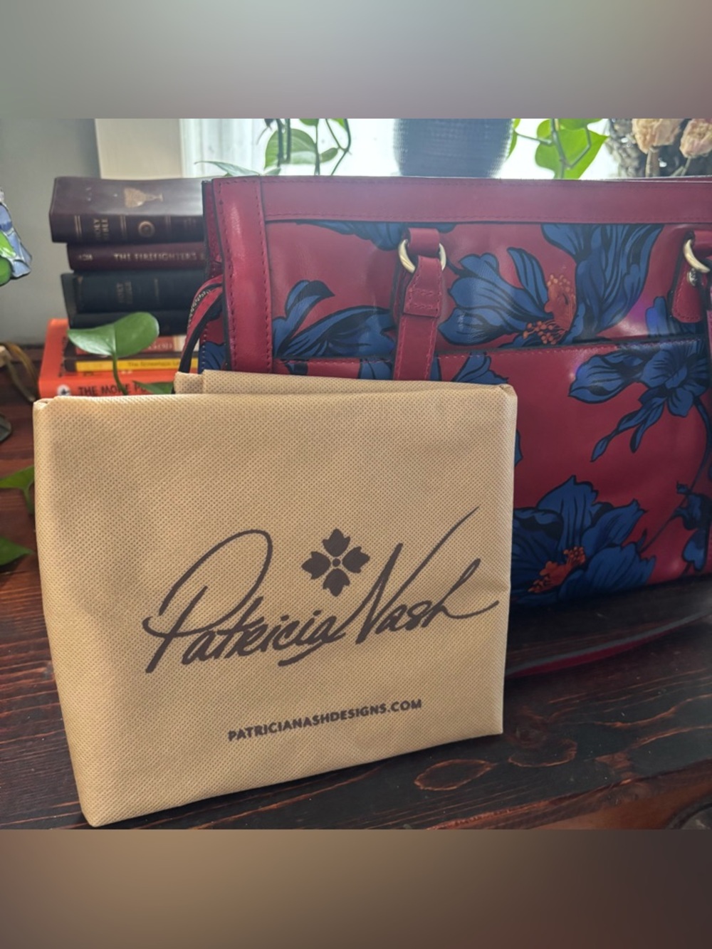Patricia Nash Red Tote with Blue Floral Print